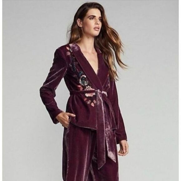 Free People Perfectly Illusion Velvet Jacket size 6 Embroidered Belted Floral Bu - Picture 1 of 15